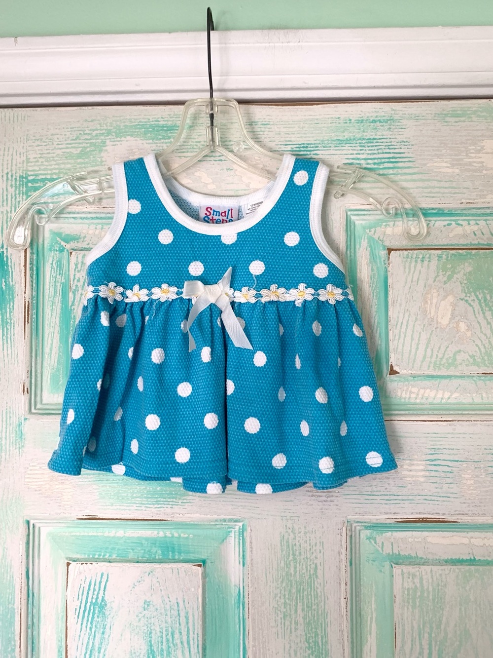 Vintage Small Steps Blue/White Polka Dot Baby Girl Dress Size 12M
